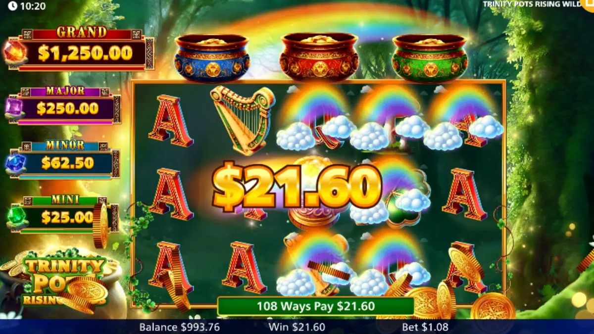 Interface vibrante e colorida do slot Trinity Pots Rising Wilds com tema irlandês